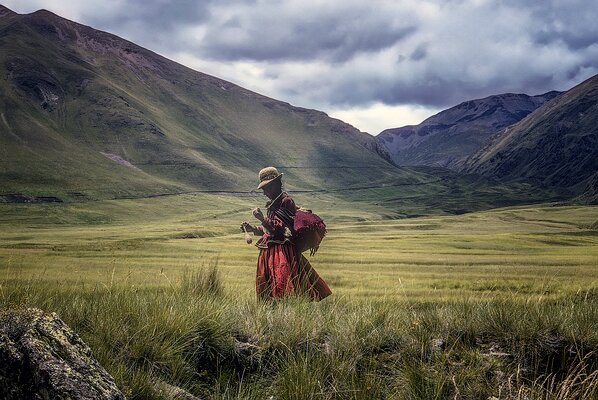 Andean Woman Strolling the Altiplano-Peru